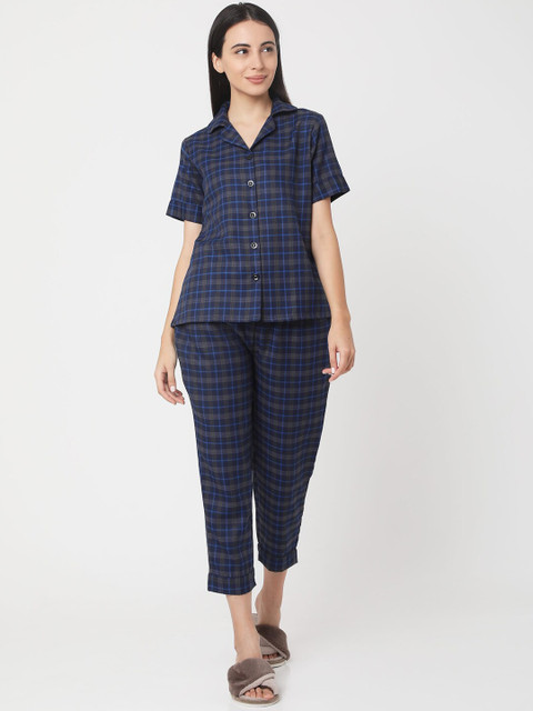 

Smarty Pants Women Navy Blue & Grey Checked Night Suit