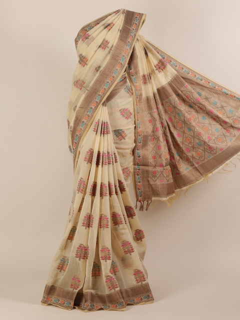 

Pothys Cream-Coloured & Brown Jute Silk Woven Design Saree
