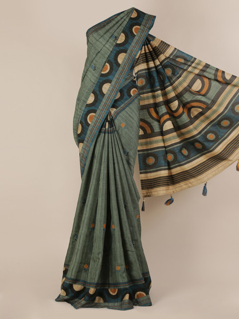 

Pothys Green Embroidered Jute Silk Saree