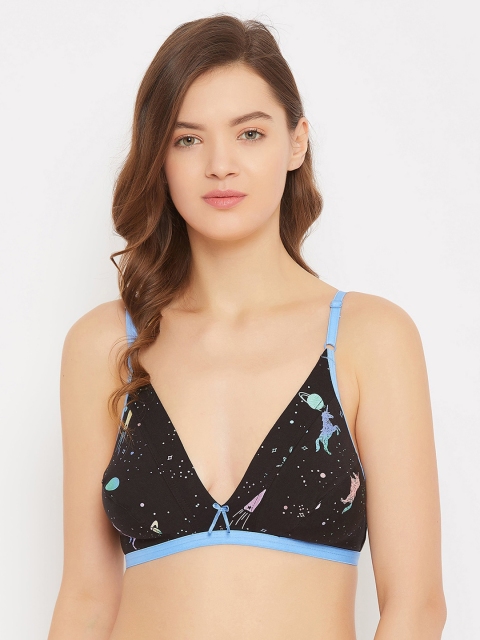 

Clovia Black & Blue Printed Non-Padded Non-Wired Plunge Bra-BR1595T13