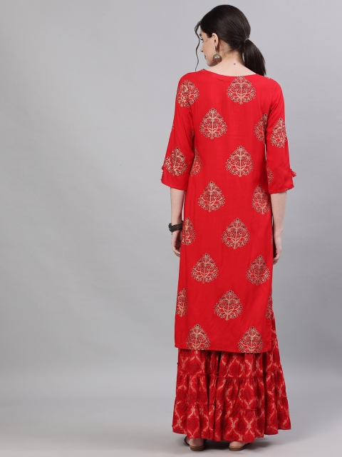 

Ishin DESIGNER STUDIO Women Red & Gold-Toned Printed Kurta with Sharara