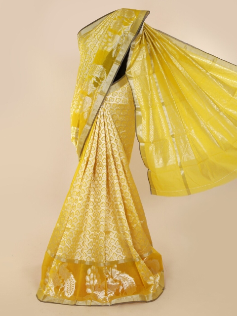 

Pothys Yellow & Silver-Toned Silk Cotton Woven Design Saree