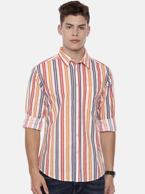 

QUANCIOUS Men Orange Regular Fit Striped Casual Shirt