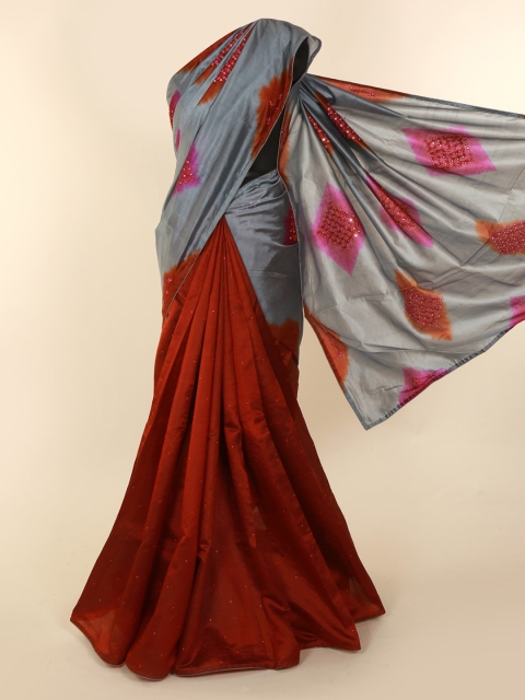 

Pothys Grey & Maroon Jute Silk Embroidered Saree
