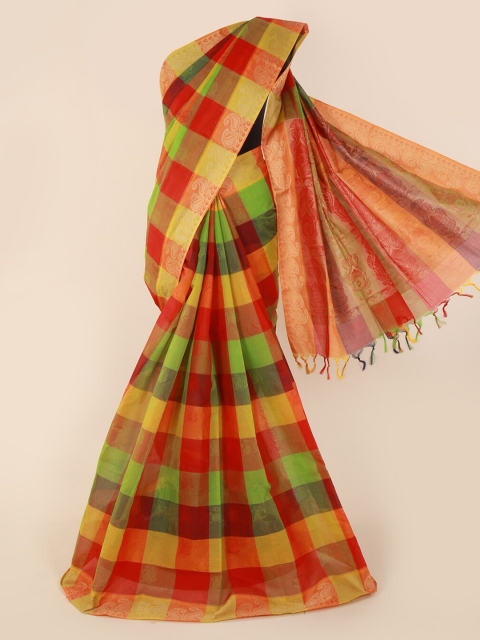 

Pothys Green & Red Pure Cotton Checked Saree