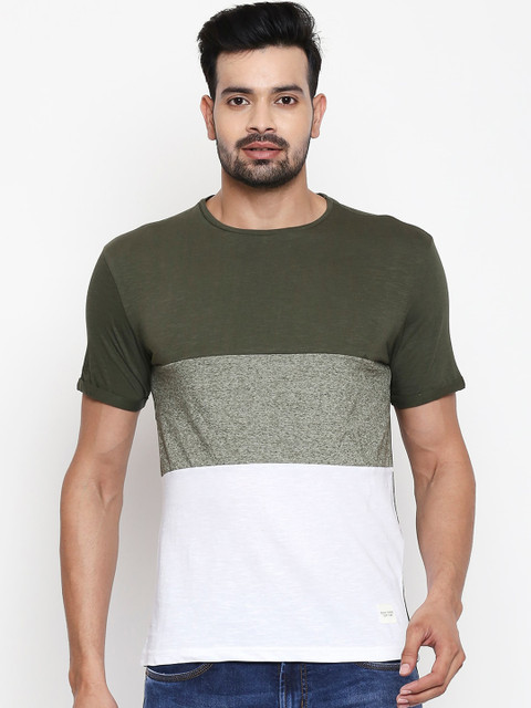 

People Men Olive Green & White Colourblocked Cotton Round Neck T-shirt