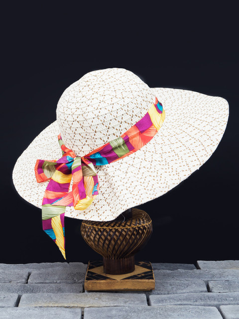 

Golden Peacock Women White Woven-Design Straw Sun Hat