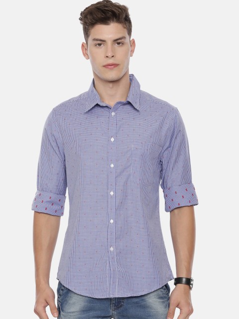 

QUANCIOUS Men Blue & White Regular Fit Checked Organic Cotton Casual Shirt