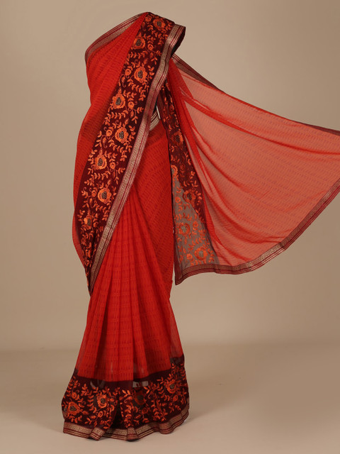 

Pothys Orange Solid Poly Chiffon Saree