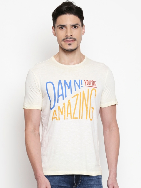 

People Men Yellow Printed Round Neck Cotton T-shirt