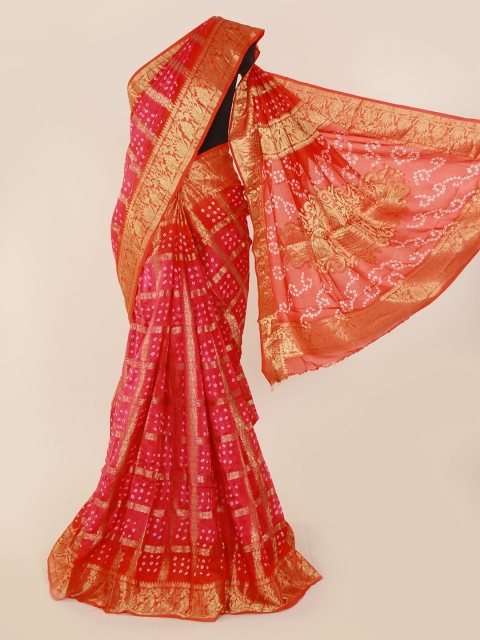 

Pothys Pink & Red Art Silk Bandhani Printed Saree