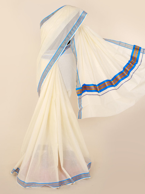 

Pothys Off-White & Blue Pure Cotton Solid Saree