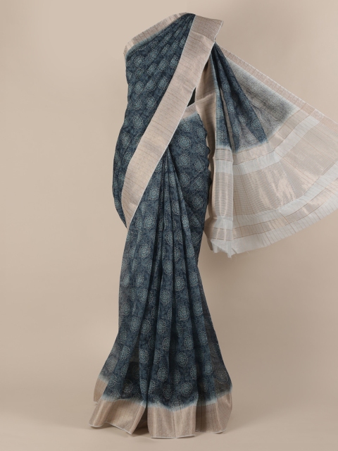 

Pothys Blue & Cream-Coloured Linen Blend Printed Saree