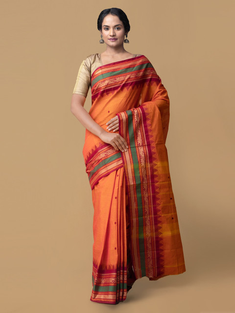 

Unnati Silks Orange Pure Cotton Striped Handloom Kanjeevaram Saree