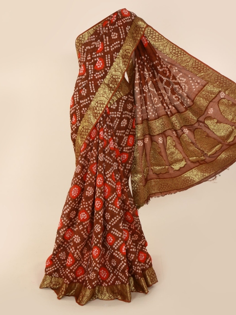 

Pothys Brown & Red Art Silk Bandhani Printed Saree