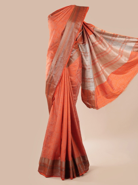 Pothys Orange Printed Jute Silk Saree
