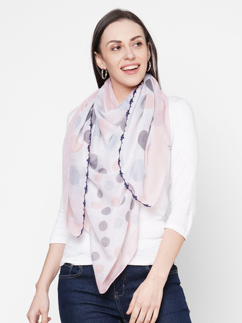 

Get Wrapped Women White & Pink Polka Dot Printed Scarf with Crochet Border