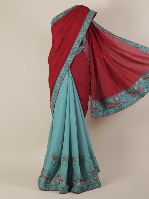 

Pothys Turquoise Blue & Red Jute Silk Colourblocked Saree