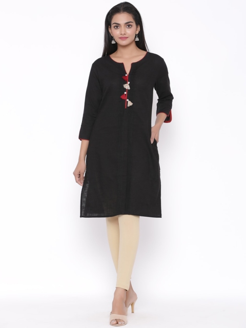 fabGLOBAL Women Black Solid Straight Kurta