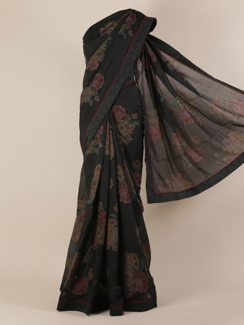Pothys Black Printed Poly Chiffon Saree