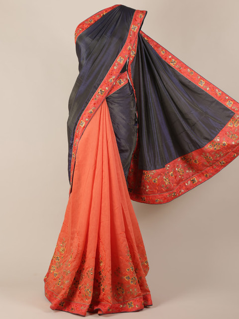 

Pothys Navy Blue & Orange Jute Silk Solid Saree