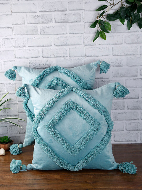 

eyda Set of 2 Blue Textured Square Velvet Sustainable Cushion Covers
