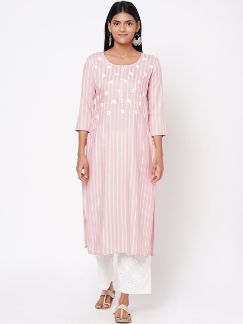 

FASHOR Women Pink & White Striped Kurta with Palazzos