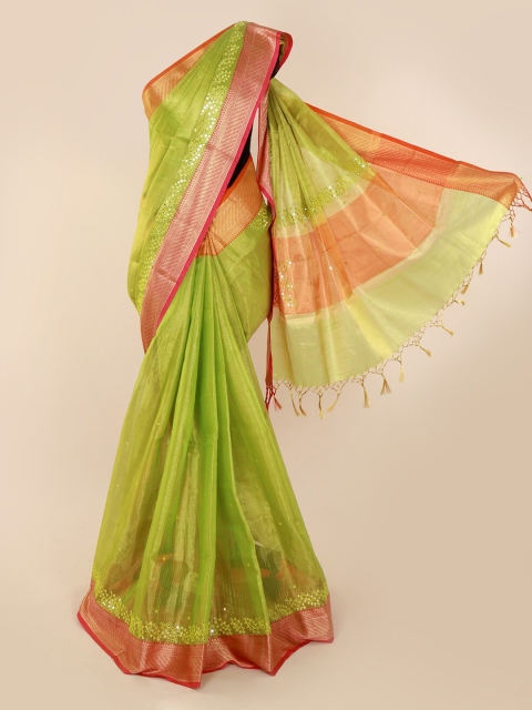 

Pothys Green Polycotton Checked Banarasi Saree