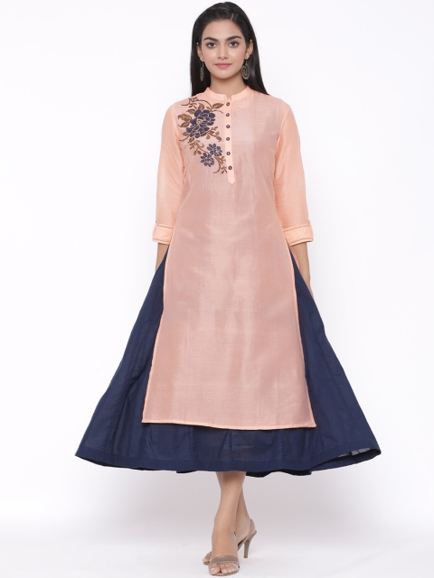 

fabGLOBAL Women Peach-Coloured Embroidered A-Line Kurta