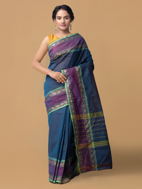 

Unnati Silks Blue Pure Cotton Checked Chettinad Saree