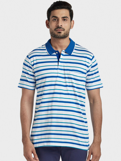 

ColorPlus Men White & Blue Striped Polo Collar T-shirt