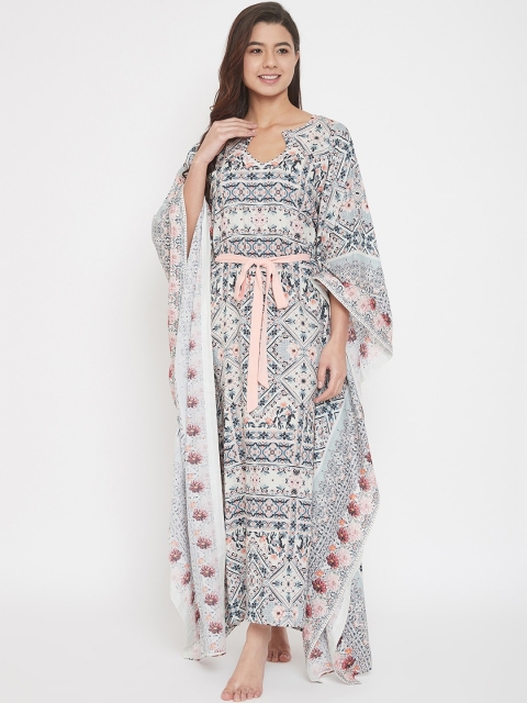 

The Kaftan Company Women Off White & Peach-Coloured Printed Kaftan Nightdress