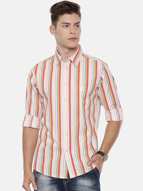 

QUANCIOUS Men Orange Regular Fit Striped Casual Shirt