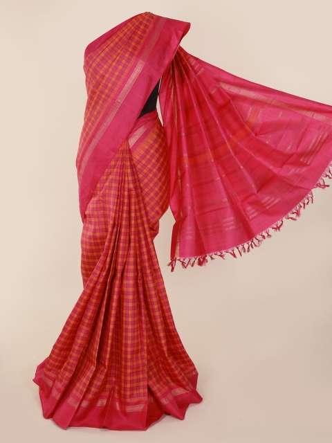

Pothys Orange & Pink Pure Silk Checked Kanjeevaram Saree