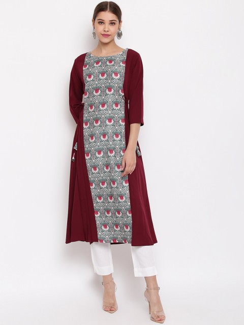 

Janasya Women Maroon Printed A-Line Kurta