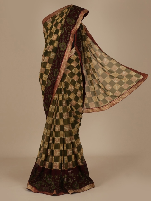 

Pothys Green & Beige Poly Chiffon Checked Saree