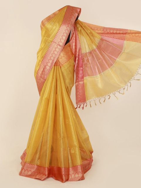 

Pothys Mustard Polycotton Checked Banarasi Saree