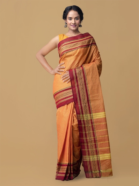 

Unnati Silks Orange Pure Cotton Checked Handloom Chettinad Saree