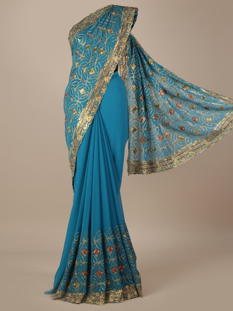 

Pothys Blue & Gold-Toned Poly Georgette Embroidered Saree
