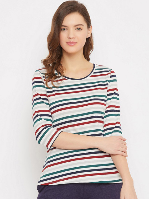 

Clovia Women White & Green Striped Round Neck Lounge T-shirt