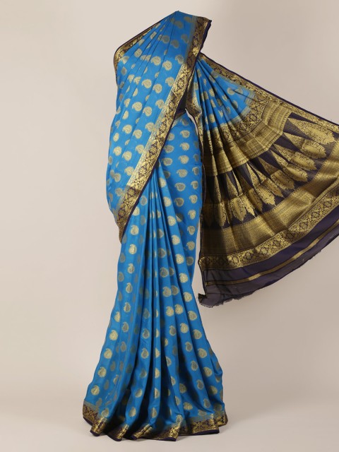 

Pothys Blue & Gold-Toned Poly Georgette Woven Design Saree