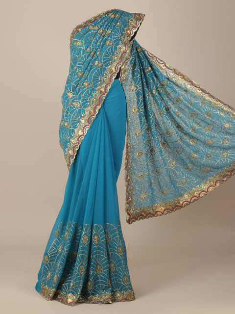

Pothys Blue Embellished Poly Georgette Saree