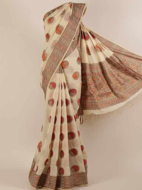 

Pothys Cream-Coloured & Brown Jute Silk Printed Saree