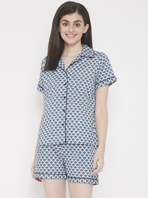 

Clovia Women Blue Printed Pure Cotton Night suit