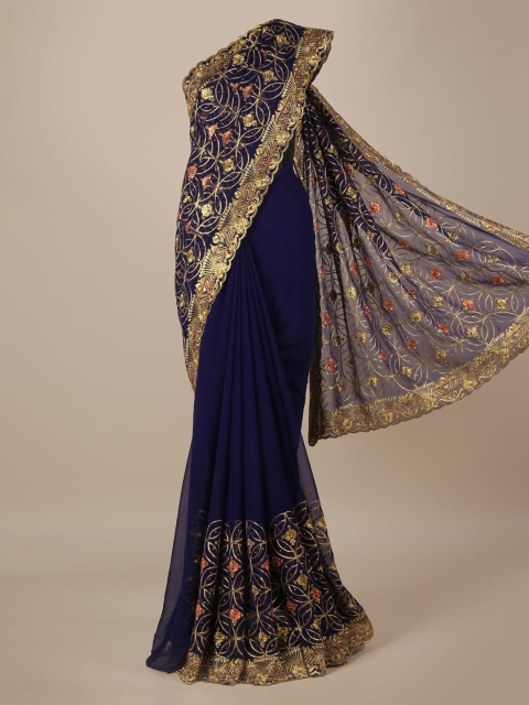 

Pothys Blue & Gold-Toned Poly Georgette Embroidered Saree