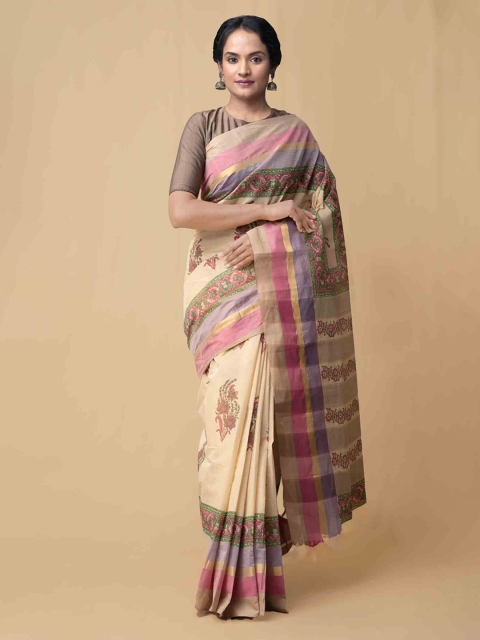

Unnati Silks Cream-Coloured & Pink Pure Cotton Printed Mangalagiri Handloom Saree