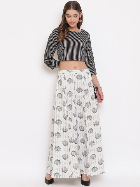 

Janasya Women Black & White Striped Top with Skirt