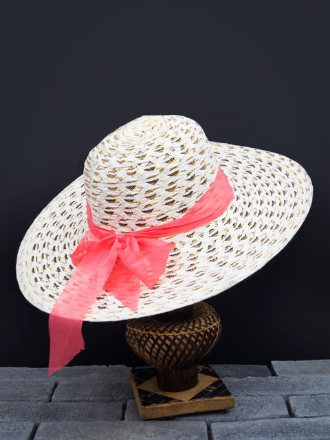 

Golden Peacock Women White Woven-Design Straw Sun Hat