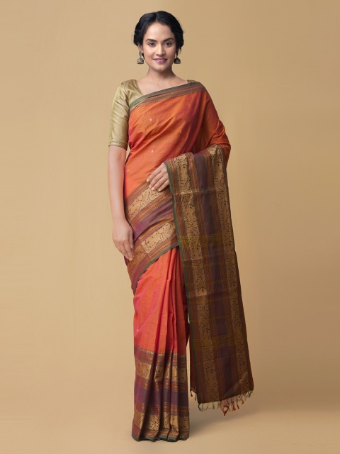 

Unnati Silks Orange Pure Cotton Printed Kanjeevaram Saree