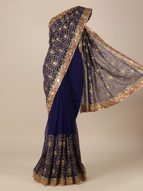 

Pothys Blue & Gold-Toned Poly Georgette Embroidered Saree
